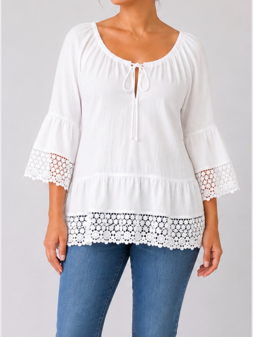 Sundance White Boho Crochet Lace Bell Sleeve Peasant Tunic Top